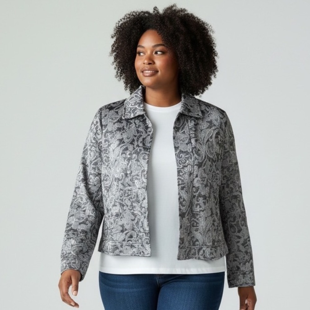 Chico's Metallic Silver Grey Paisley Open Front Jacket Elevated Casual - 3 / XL